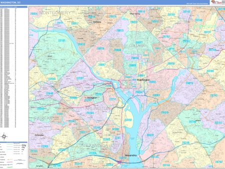 Colorcast Zip Code Style Wall Map of Washington, DC by Market Maps Online Sale