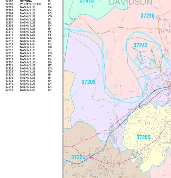 Colorcast Zip Code Style Wall Map of Nashville, TN by Market Maps Discount