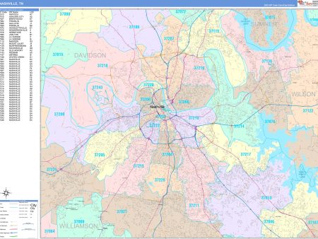 Colorcast Zip Code Style Wall Map of Nashville, TN by Market Maps Discount