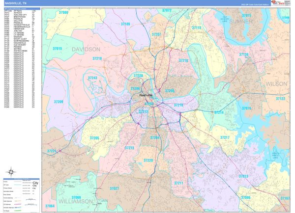 Colorcast Zip Code Style Wall Map of Nashville, TN by Market Maps Discount