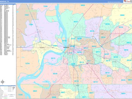 Colorcast Zip Code Style Wall Map of Memphis, TN by Market Maps on Sale