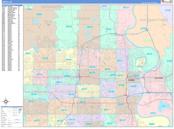 Colorcast Zip Code Style Wall Map of Omaha, NE by Market Maps Online now