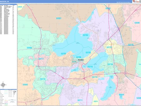 Colorcast Zip Code Style Wall Map of Madison, WI. by Market Maps For Cheap