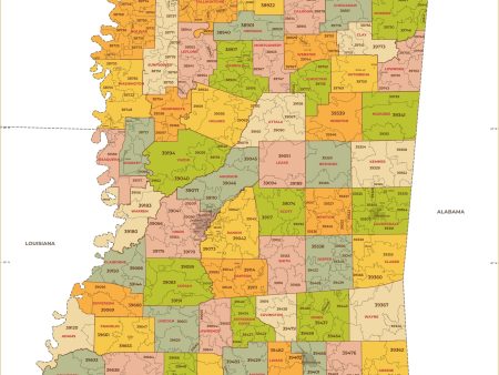 Mississippi Zip Code Map with Counties Online Sale