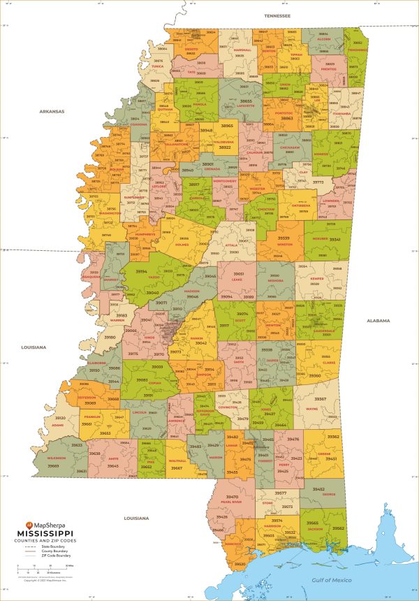 Mississippi Zip Code Map with Counties Online Sale