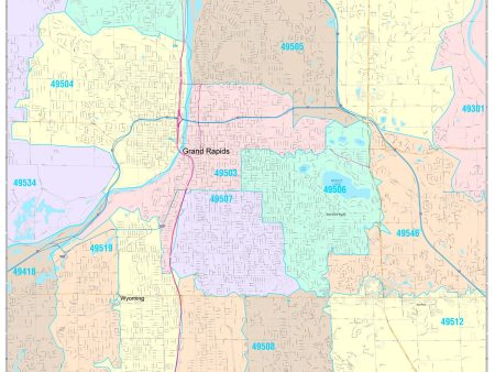 Colorcast Zip Code Style Wall Map of Grand Rapids, MI. by Market Maps Sale