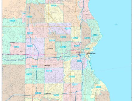 Colorcast Zip Code Style Wall Map of Milwaukee, WI. by Market Maps Hot on Sale